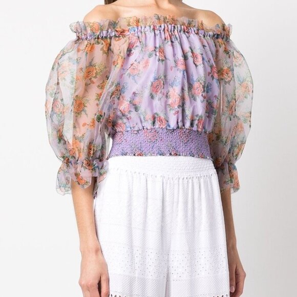 Alice+Olivia off Shoulder Smocked Lavender Silk Organza Floral Top L Orig $395 - Picture 6 of 9